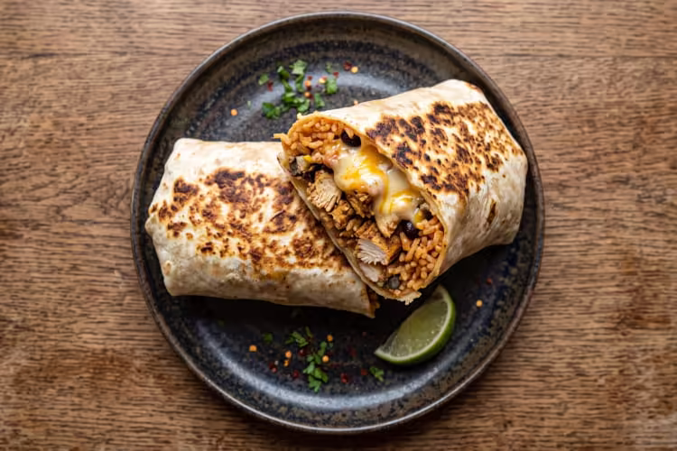 A halved chicken burrito with rice, black beans and melted cheese on a dark plate